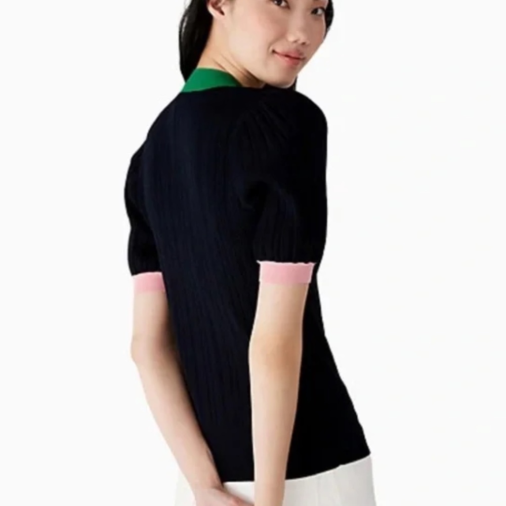 NEW Kate Spade Size S Navy Color Block Bow Neck Short Sleeve Sweater Top - Picture 2 of 11
